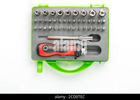 A set of tools with various attachments, chisels and screwdrivers, for repairing machinery and equipment. Stock Photo
