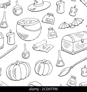 Witch graphic black white seamless pattern background illustration vector Stock Vector