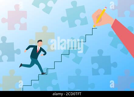 Man Running Upstairs While Hand Drawing New Steps, Blue Background Stock Vector