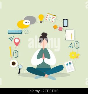 Woman Meditating Sitting Surrounded By Icons On Gray Background, Vector Stock Vector