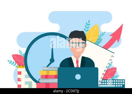 Businessman At Laptop Working Online Over White Background, Illustration Stock Vector