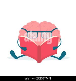Cute Brain Character Reading Book Sitting Over White Background, Illustration Stock Vector