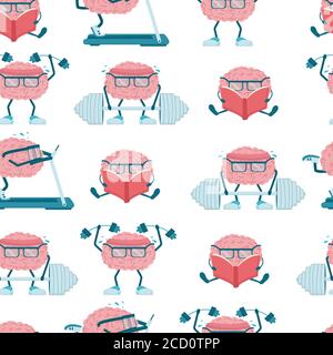 Seamless Pattern With Brain Characters Improving Themselves Over White Background Stock Vector