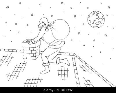 Roof graphic black white sketch illustration vector. Santa Claus climbs into the chimney Stock Vector