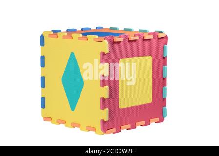 Macro photo of the details of a foam eva isolated on white background. Colored rubber mat puzzle for children. Stock Photo