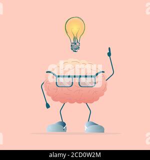 Brain With Lightbulb Above Head Having Idea, Pink Background, Illustration Stock Vector