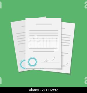 Vector Illustration For Signed Contract Or Document With Stamp Over Green Background Stock Vector