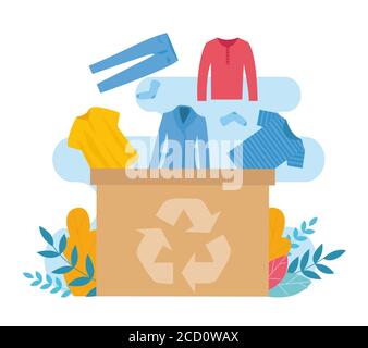 Vector illustration with carton box and old clothes for upcycling, white background Stock Vector