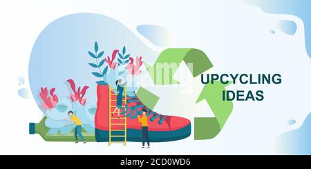 DIY upcycling ideas. Old shoe and plastic bottle used for growing plants, creative vector illustration in flat style Stock Vector