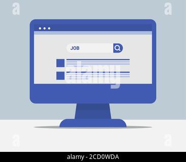 Computer With Job Search Webpage On Screen, Blue Background, Illustration Stock Vector