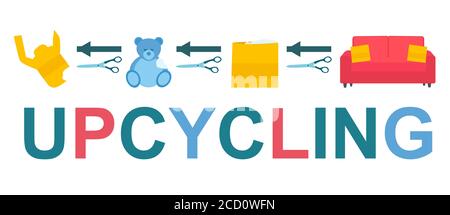 Upcycling process. Old sweater and toy becoming sofa cushions on white background, vector illustration in flat style Stock Vector
