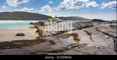 Panoramic of Derrynane Ogham Stone beach, on the Ring of Kerry route, Ireland Stock Photo