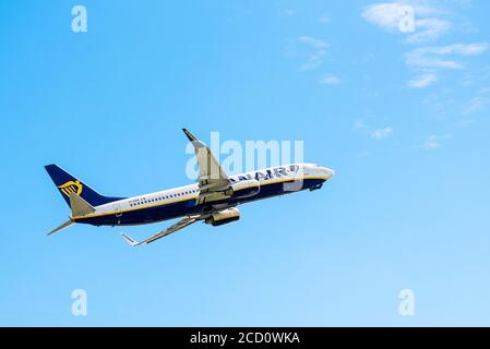MANCHESTER UK, AUGUST 24 2020: Ryanair airlines Boeing 737-8AS flight FR4113 to Murcia Corvera International Airport, Spain, is documented after takin Stock Photo