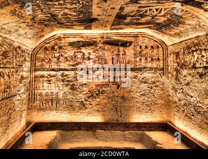 Frescoes, Burial Chamber, Tomb of Ramses IX, KV6, Valley of the Kings, UNESCO World Heritage Site; Luxor, Egypt Stock Photo