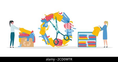 Secondary use of clothes. Vector illustration with people upcycling old garments on white background Stock Vector