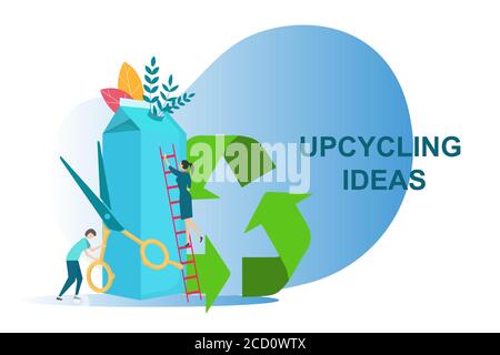 Upcycling ideas for secondary use of waste. People reusing milk carton on white background, vector illustration Stock Vector