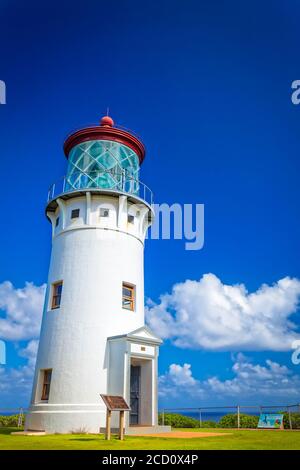 Kilauea Lighthouse, National Register of Historic Places against blue sky, Kilauea Point National Wildlife Refuge Stock Photo