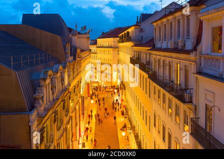 LISBON, PORTUGAL - JANUARY 28, 2020: Aerial view of Old Town shopping street in Lisbon crowded with people. Portugal Stock Photo