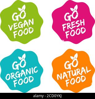 Set of Food Badges. Vegan, Organic, Natural and Fresh Food. Vector hand drawn Signs. Can be used for packaging Design. Stock Vector