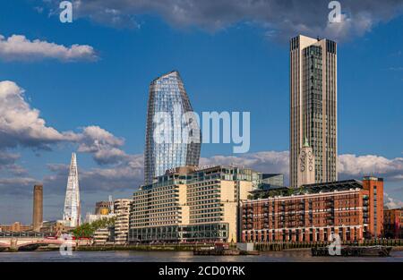 SOUTH BANK Sea Containers Hotel Complex, Bank Towers Cityscape River Thames, Oxo Tower & Wharf, One Blackfriars with The London Shard and Tate Modern River Thames South Bank London UK Stock Photo