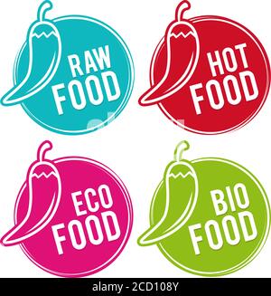 Set of Eco food Badges. Raw, Hot, Eco and Bio Food. Vector hand drawn Signs. Can be used for packaging Design. Stock Vector