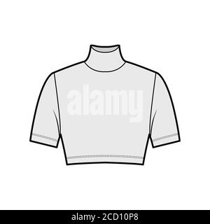Cropped turtleneck jersey sweater technical fashion illustration with short sleeves, close-fitting shape. Flat outwear jumper apparel template front grey color. Women men unisex shirt top CAD mockup Stock Vector