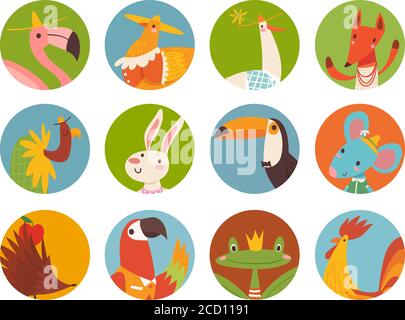 Vector set of cute cartoon animals faces in round forms Stock Vector