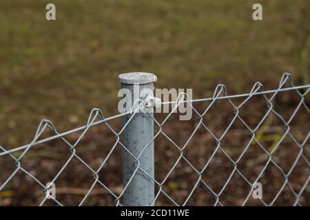 Closeup of a fence made of metal posts and metal mesh Stock Photo