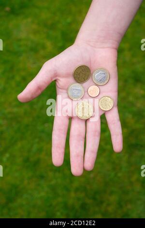 Euro coins held in palm of hand Stock Photo