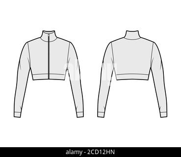 Zip-up cropped turtleneck jersey sweater technical fashion illustration with long sleeves, close-fitting shape. Flat outwear jumper apparel template front back grey color. Women men unisex shirt top Stock Vector