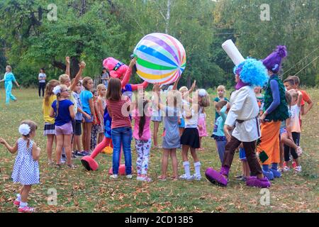 Kamennomostsky, Russia - September 1, 2018: Holiday day of the village Kamennomostsky with animators and children's playgrounds and competitions in th Stock Photo