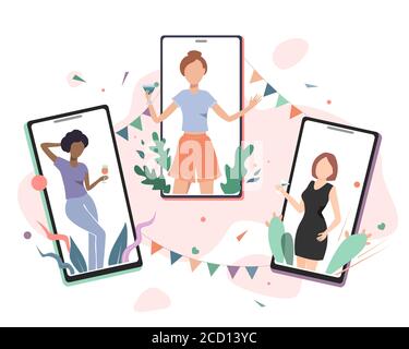 Girls Quarantine party vector flat illustration. Birthday online celebration, or meeting friends concept. Pretty women hangout and have remote video Stock Vector