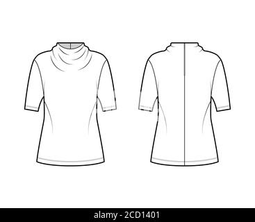Top technical fashion illustration with elegant draped neckline, short sleeves, oversized, back button-fastening keyhole. Flat blouse apparel template front, back, white color. Women men unisex shirt Stock Vector