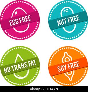 Set of Allergen free Badges. Egg free, Nut free, No Trans Fat, Soy free. Vector hand drawn Signs. Can be used for packaging Design. Stock Vector