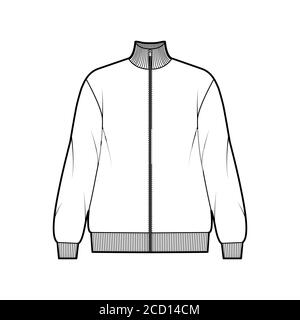 Oversized long-sleeved zip-up sweatshirt technical fashion illustration with cotton-jersey, ribbed trims. Flat outwear jumper apparel template front white color. Women, men unisex top CAD mockup Stock Vector