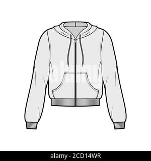Zip-up cotton-fleece hoodie technical fashion illustration with relaxed fit, long sleeves, ribbed trims, front pocket. Flat jumper apparel template front, grey color. Women, men, unisex sweatshirt top Stock Vector