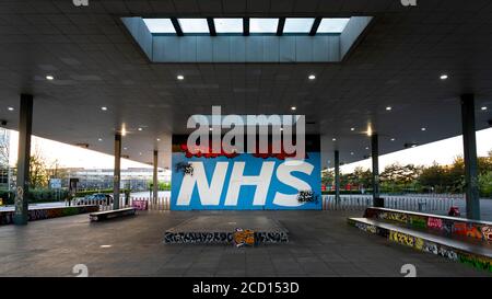 'Thank you NHS' graffiti at the Buszy skate plaza in Milton Keynes during lockdown Stock Photo