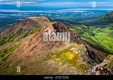 Flattop Mountains, Peak 1, 2 and 3,viewed from Flaketop Mountain. Cook Inlet and Anchorage are in the background. Chugach State Park, South-central... Stock Photo
