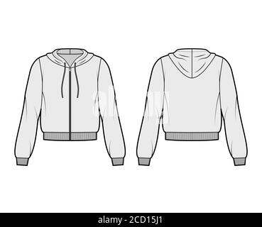 Zip-up cotton-fleece hoodie technical fashion illustration with relaxed fit, long sleeves, ribbed trims. Flat jumper apparel template front, back, grey color. Women, men, unisex sweatshirt top mockup Stock Vector