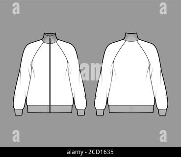 Oversized long-sleeved zip-up sweatshirt technical fashion illustration with cotton-jersey, raglan, ribbed trims. Flat outwear jumper apparel template front back white color. Women, men unisex top CAD Stock Vector
