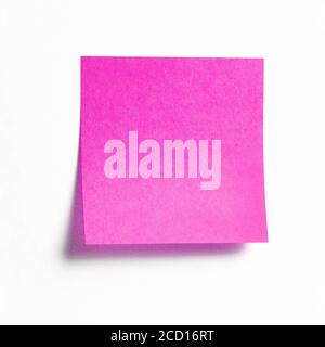 Pink sticky note isolated on white background, front view adhesive paper with copy space Stock Photo