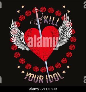 vector illustration of a winged heart with a sword surrounded isolated on black Stock Vector