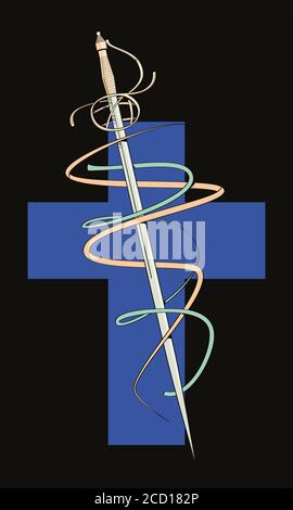 vector illustration of a foil surrounded by colored ribbons on a dark blue cross in the background. Drawing to use on t-shirts or in comics. Stock Vector