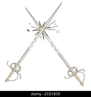 Vector illustration of two swords clashing isolated on white. Ideal design for chivalry and adventure comics. Stock Vector