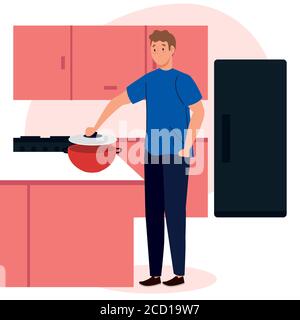 man cooking on scene kitchen with drawers, fridge and supplies Stock Vector
