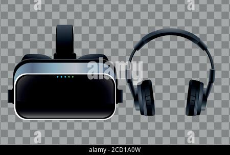virtual reality mask and headset accessories with checkered background vector illustration design Stock Vector