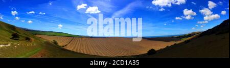 Panorama,photograph,picture,landscape,fields,clouds,farm,land,sea,coast,bridleway,foot path, Chillerton,Isle of Wight, England,UK, Stock Photo