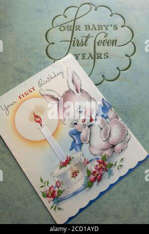 Vintage "Our Baby's First Seven Years" Book, 1940s Stock Photo