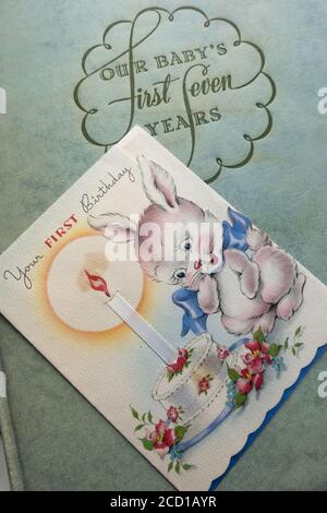 Vintage "Our Baby's First Seven Years" Book, 1940s Stock Photo