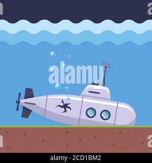 the submarine has crashed and is losing air through a hole in the ship's firmware. flat vector marine illustration. Stock Vector